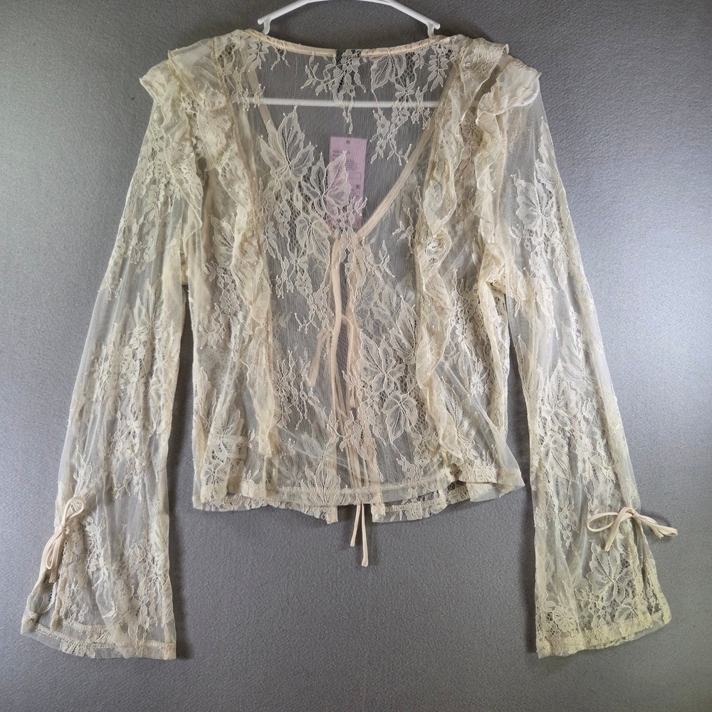 Wild Fable Ivory Sheer Floral Lace Tie Front Ruffle Cardigan Top M Poetcore NWT - Picture 6 of 7